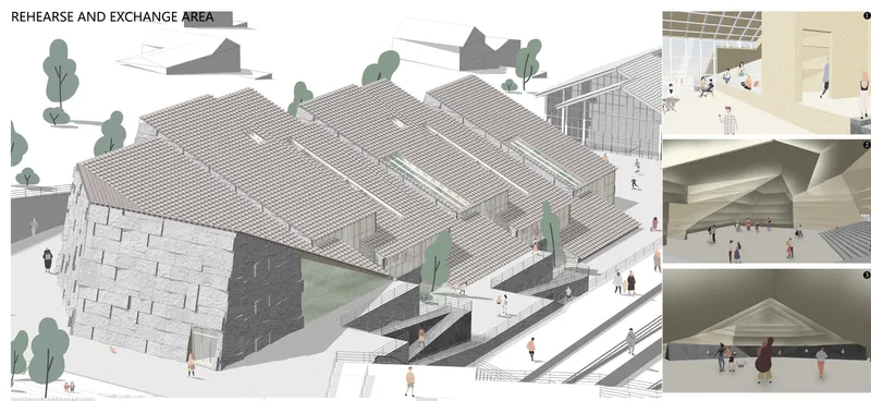 The rehearsal and exchange area combines traditional roof forms with open interiors designed for music, creativity, and collaboration.