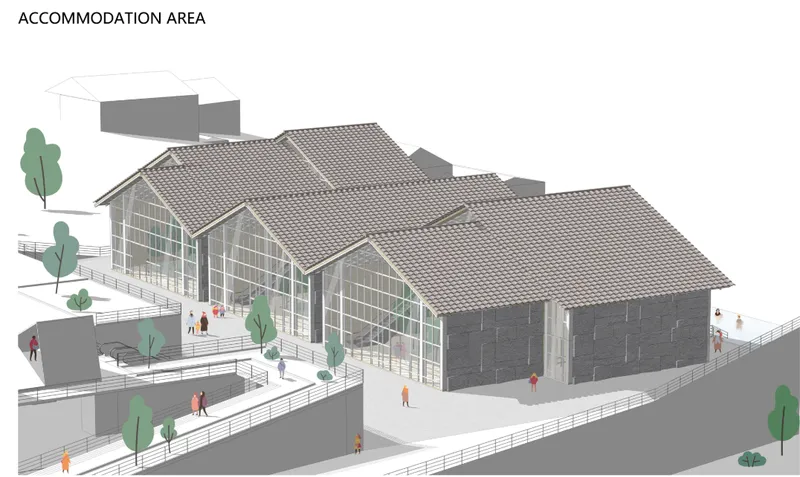 The accommodation zone uses repeated pitched-roof volumes and transparent facades to create bright, welcoming living spaces.
