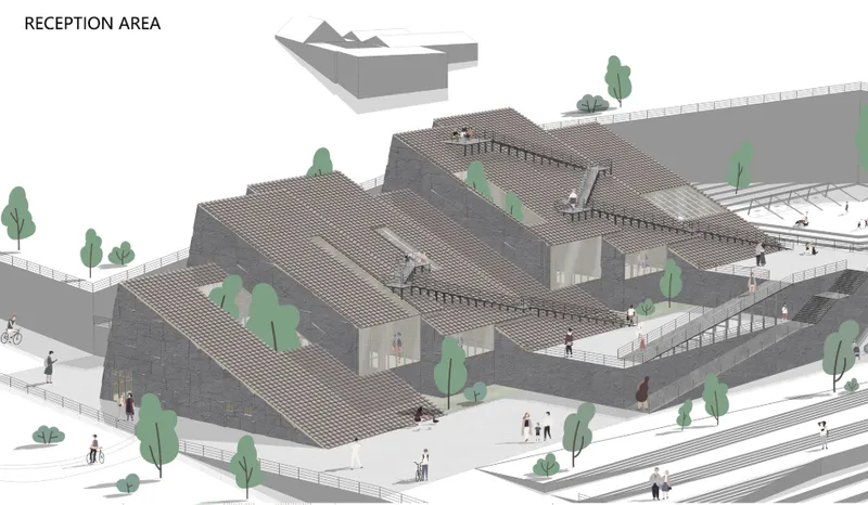 The reception area integrates volcanic stone, planted courtyards, terraces, and accessible roof platforms into a layered arrival experience.