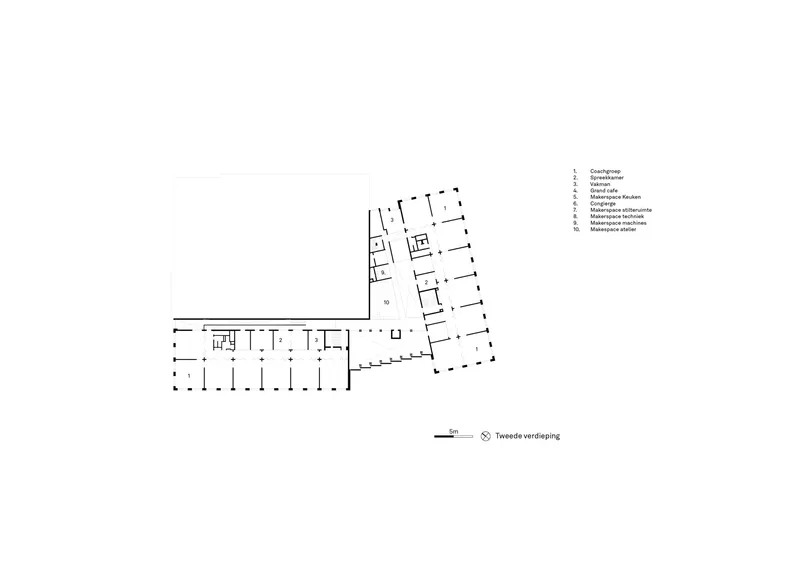 Second floor plan drawing showing the L-shaped configuration with classrooms arranged along linear corridors