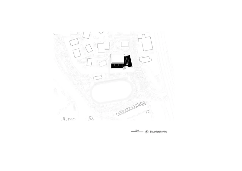 Site plan drawing showing two dark volumes amid scattered neighboring structures and landscape elements