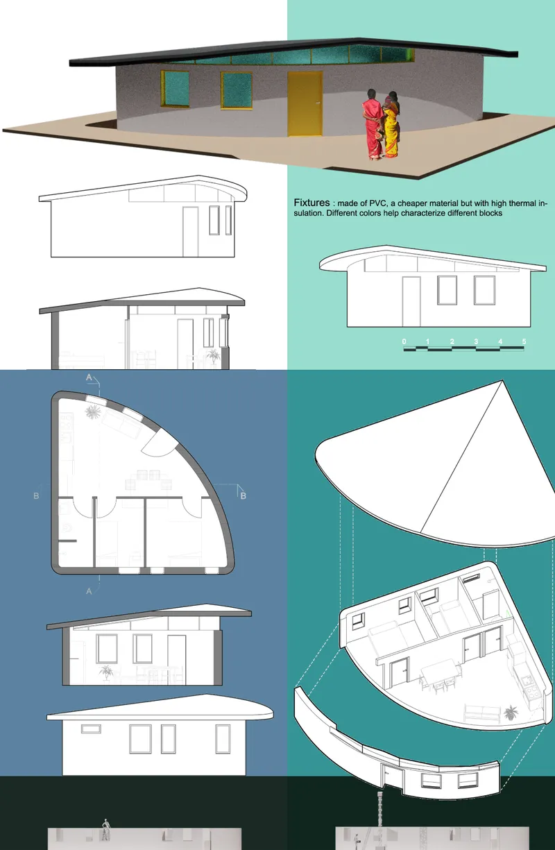 PVC fixtures, compact interiors, and modular geometry define the affordable housing unit.