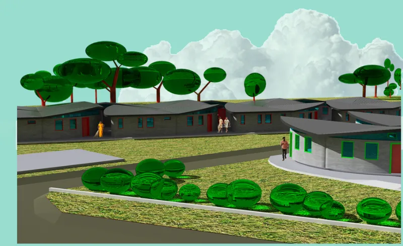 3D printed housing units form a green, low-cost neighborhood for displaced communities.