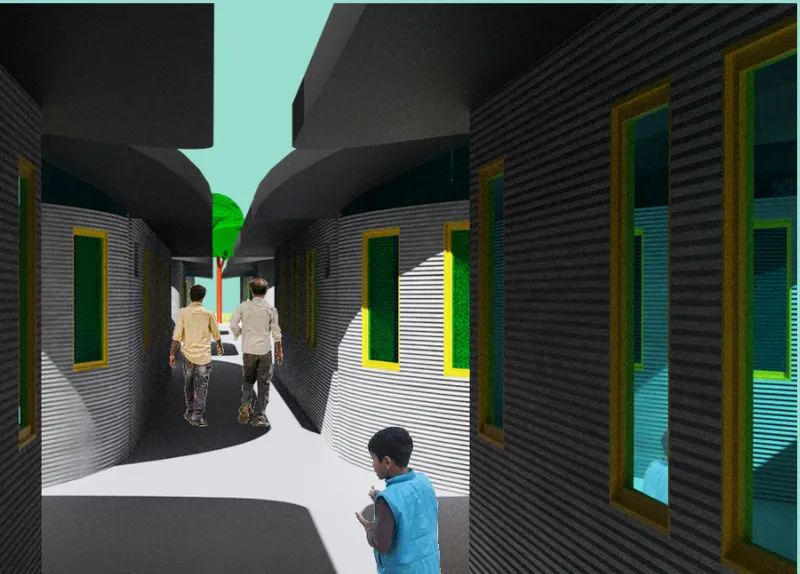 Narrow pedestrian lanes connect curved 3D printed homes with shaded, human-scale circulation.