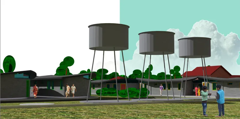 Water cisterns support essential infrastructure within the PrintDomus refugee housing settlement.