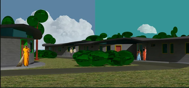 Green public spaces soften the modular housing layout and create a dignified community environment.