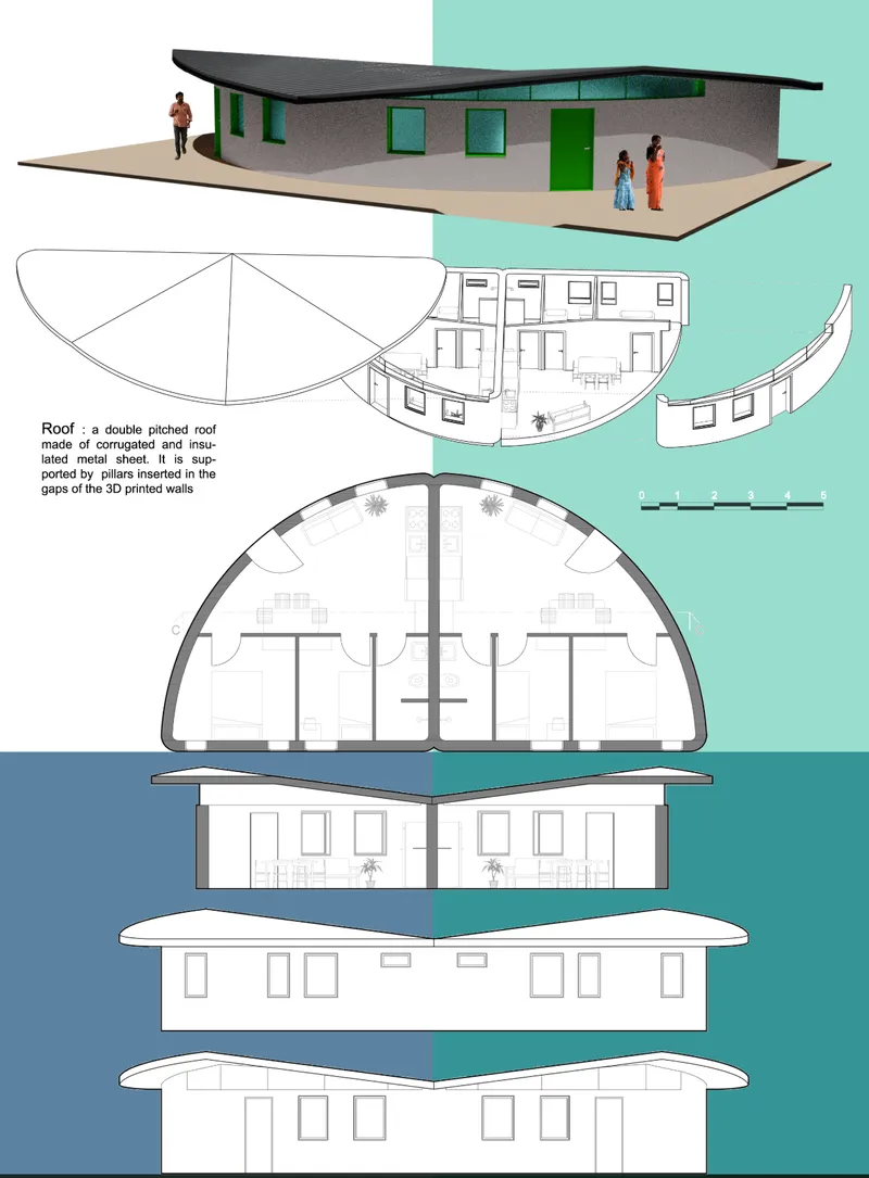 The unit plan combines curved 3D printed walls with simple, functional living spaces.