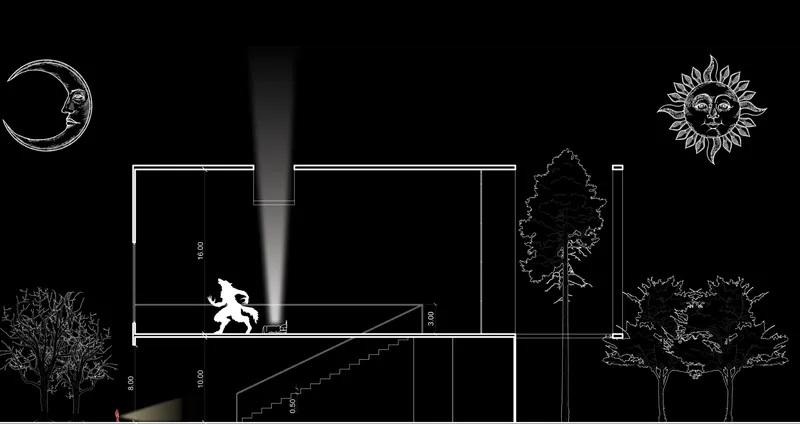 Section drawing reveals the dramatic vertical proportions of the house and its symbolic lighting.