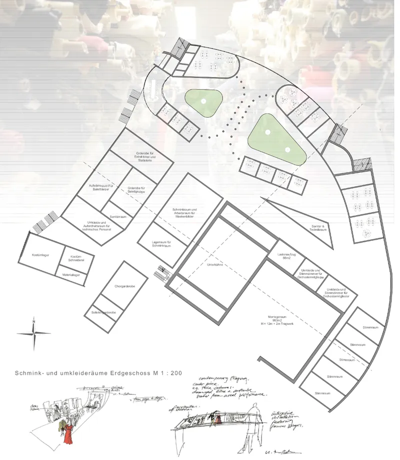 Backstage planning integrates dressing rooms, workshops, technical areas, and performance support spaces around the opera stage..
