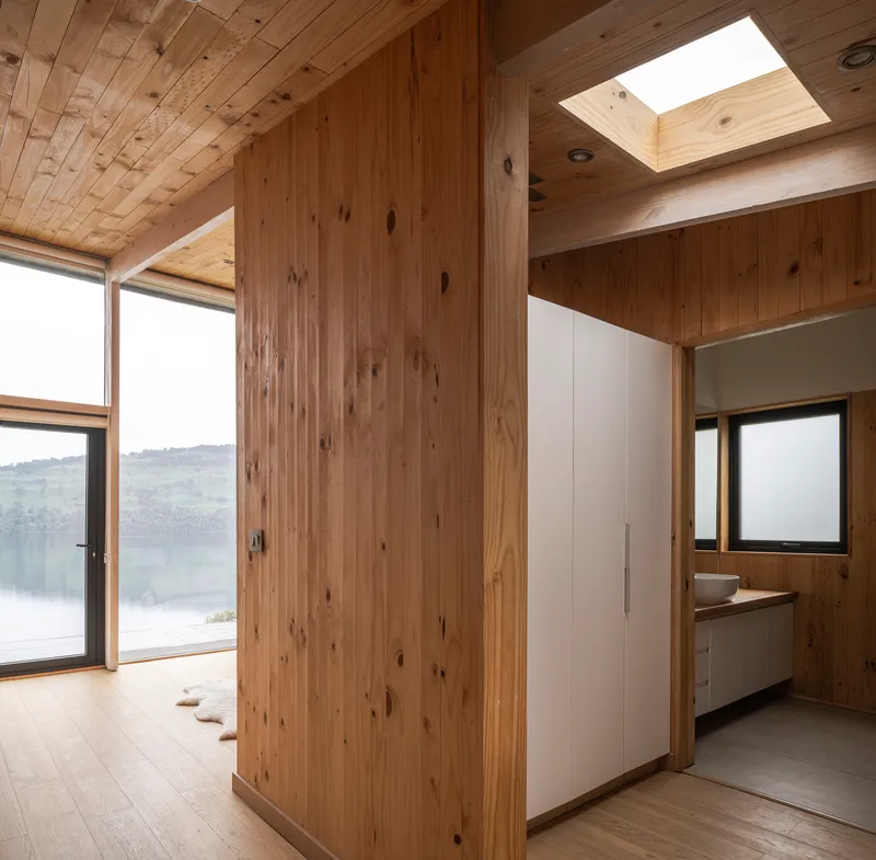 Bedroom entry with tall timber wardrobes beneath a square skylight and view to the lake