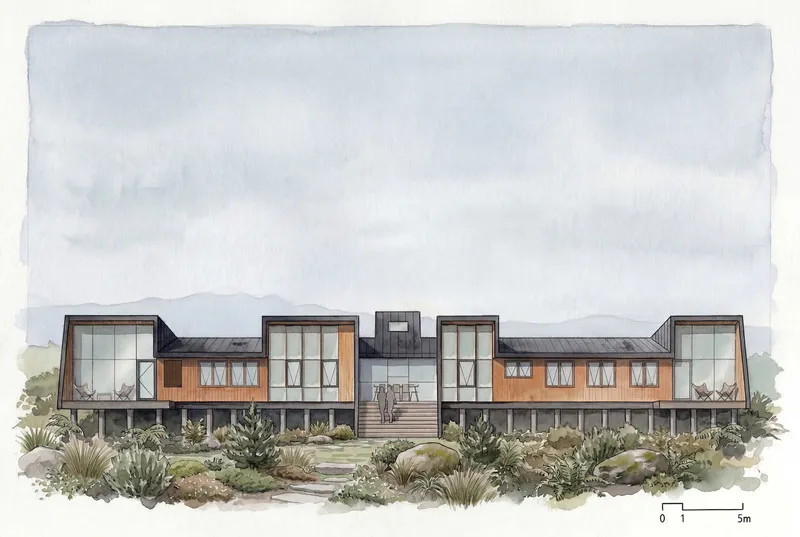 Watercolor rendering of the elevated residence with timber and glazed volumes on pilotis among desert plantings