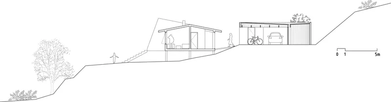 Section drawing revealing the pavilion and garage volumes set on the hillside grade with vegetation
