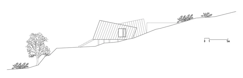 Section drawing showing the folded roof form embedded in the slope with flanking trees
