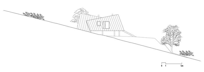 Section drawing showing a structure embedded in a sloping hillside with trees at each end