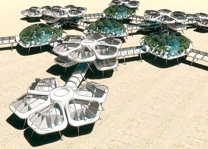 Aerial view of clustered organic modules with translucent domes and connecting bridges in sandy terrain