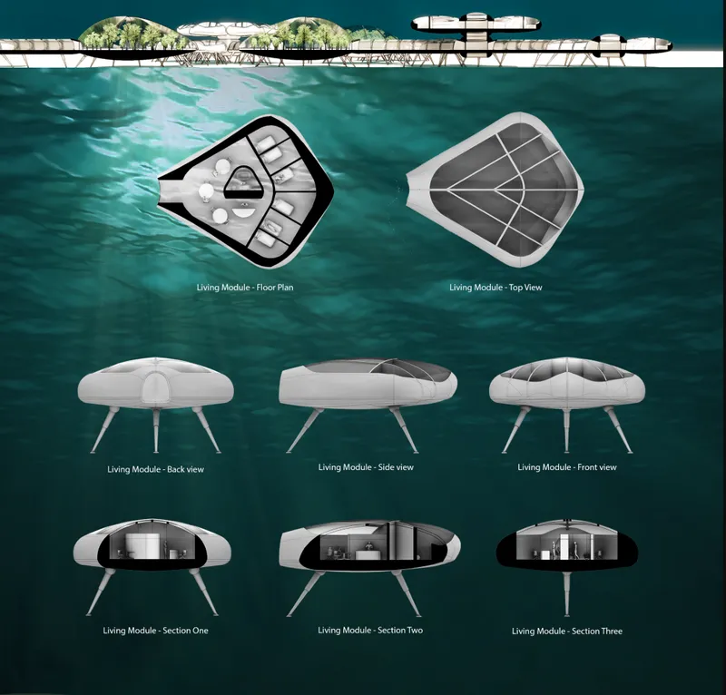 Technical drawing showing floor plans, elevations and sections of a floating petal-shaped residential module