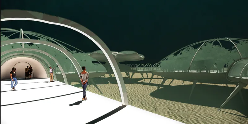 Interior rendering of a curved translucent corridor with figures walking through pooled sunlight and shadow