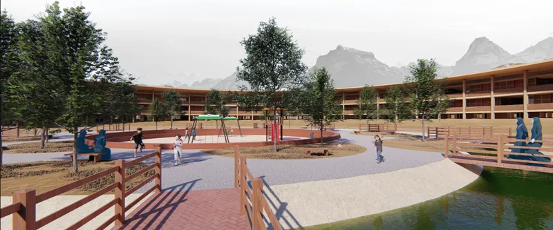 A landscaped inner courtyard supports play, gathering, recreation, and everyday community interaction.