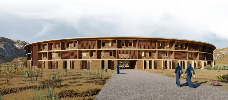 Circular residential architecture creates a protective community around a shared central landscape.