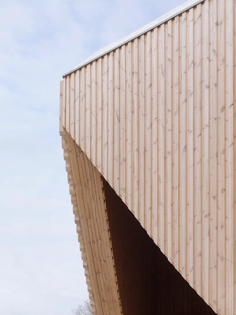 Vertical timber cladding wrapping the angled facade against an overcast winter sky