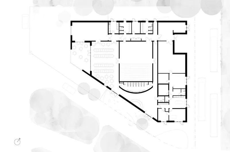 Floor plan drawing showing an angular volume with central hall, surrounding rooms, and semicircular stair