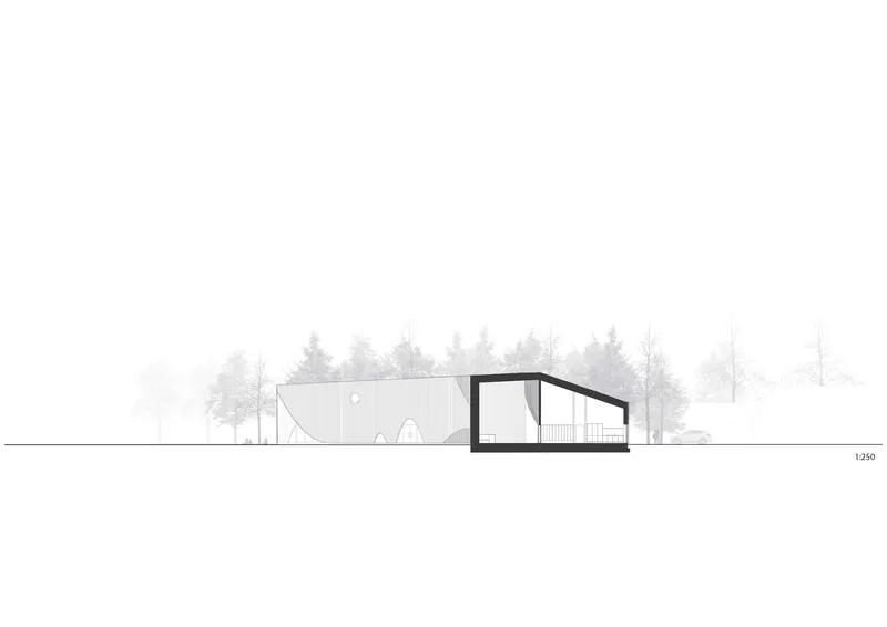 Section drawing showing the sloped roof profile with double-height space and trees in background