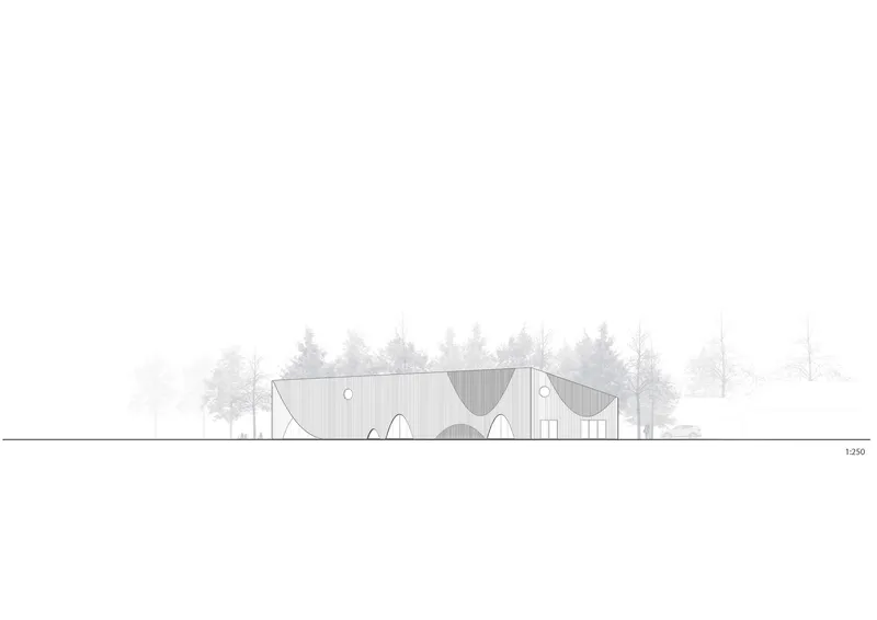 Elevation drawing showing the vertical cladding and arched openings against a forest backdrop