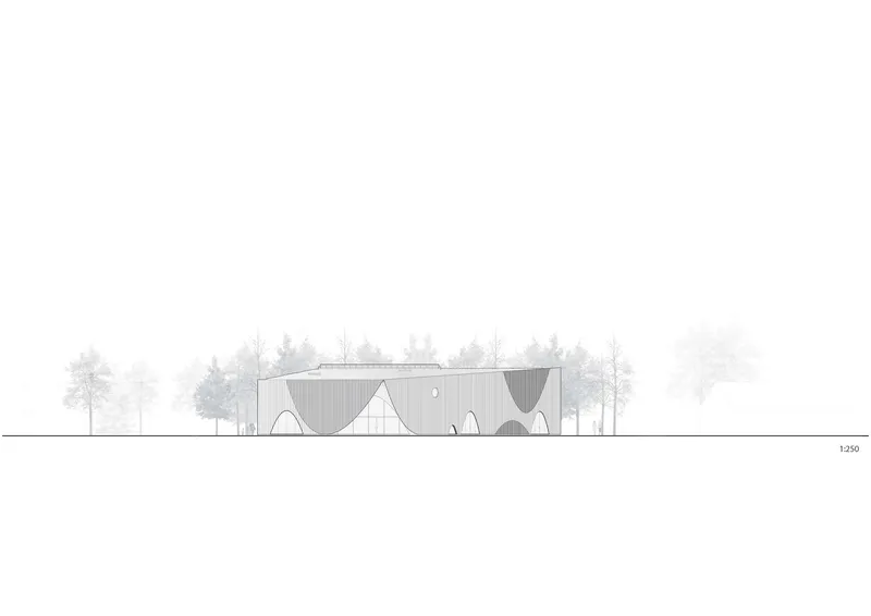 Elevation drawing showing arched cutouts in the facade with circular window and vertical cladding