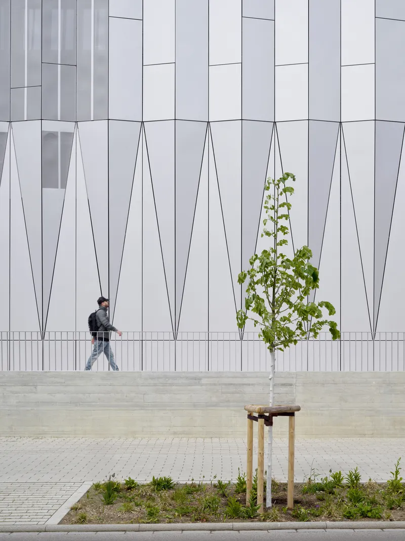White paneled facade with geometric relief pattern behind a young street tree and walking pedestrian