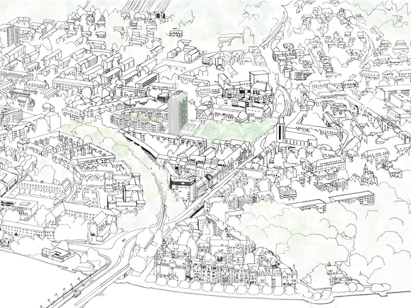 Axonometric drawing showing the urban context with highlighted project buildings along a river corridor