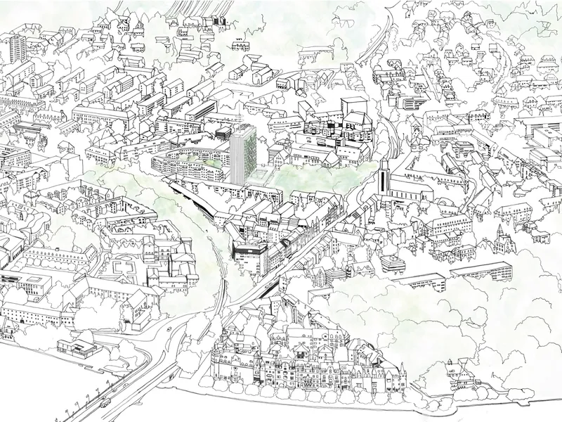 Axonometric drawing showing the urban context with highlighted project buildings along a river corridor