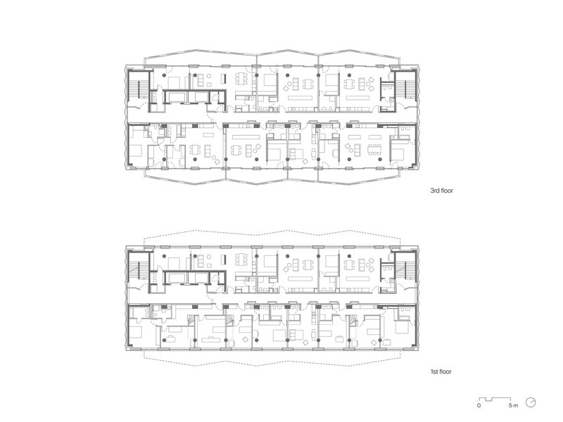 Floor plan drawings showing residential units arranged along a linear bar with staircases at each end