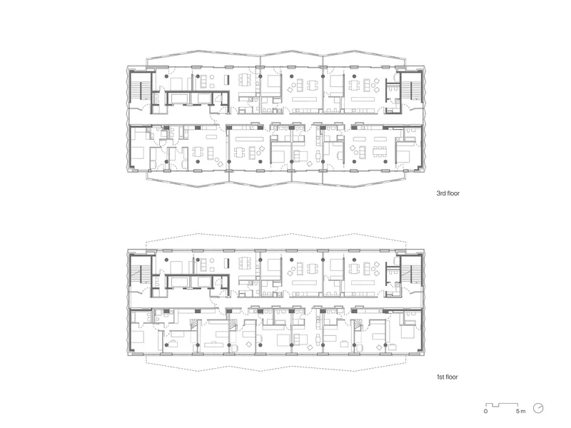 Floor plan drawings showing residential units arranged along a linear bar with staircases at each end