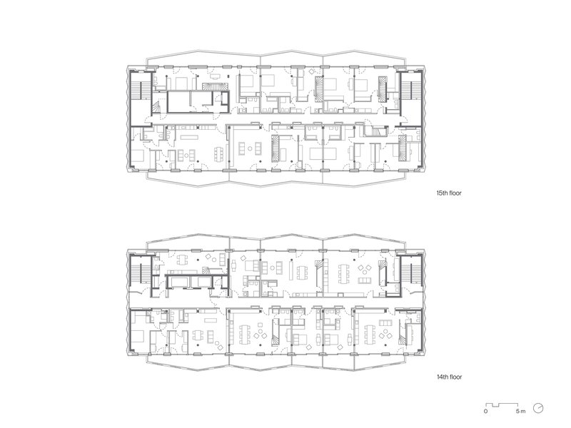 Floor plan drawings showing residential units with undulating perimeter walls and central circulation cores