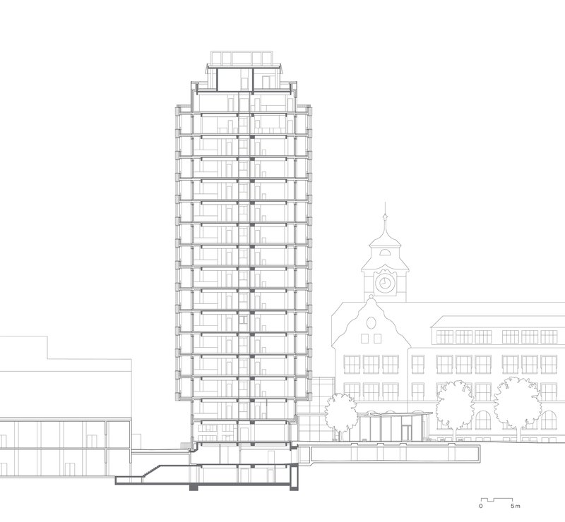Section drawing showing a multi-story tower adjacent to a historic clocktower building with three trees