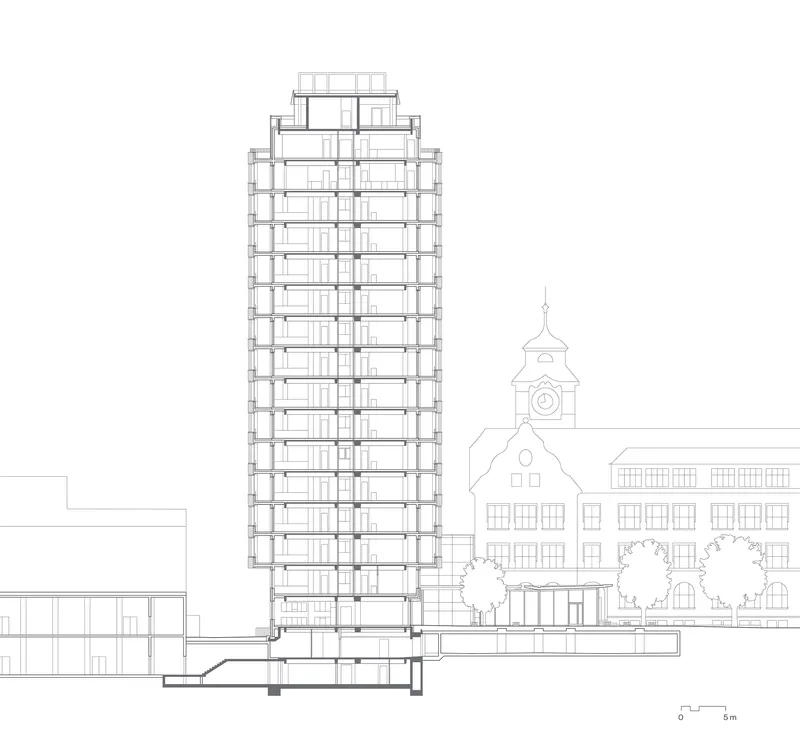Section drawing showing a multi-story tower adjacent to a historic clocktower building with three trees