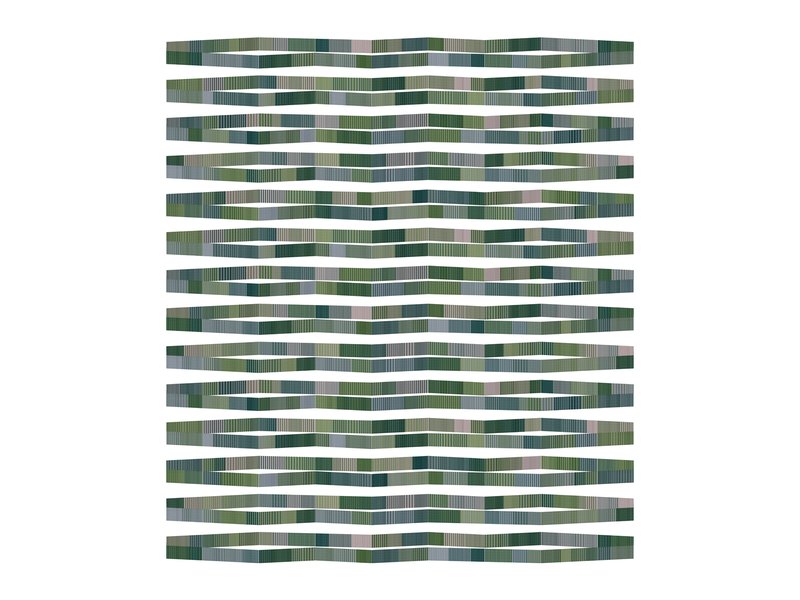 Facade color study showing wavy horizontal bands in greens, grays, and teal tones
