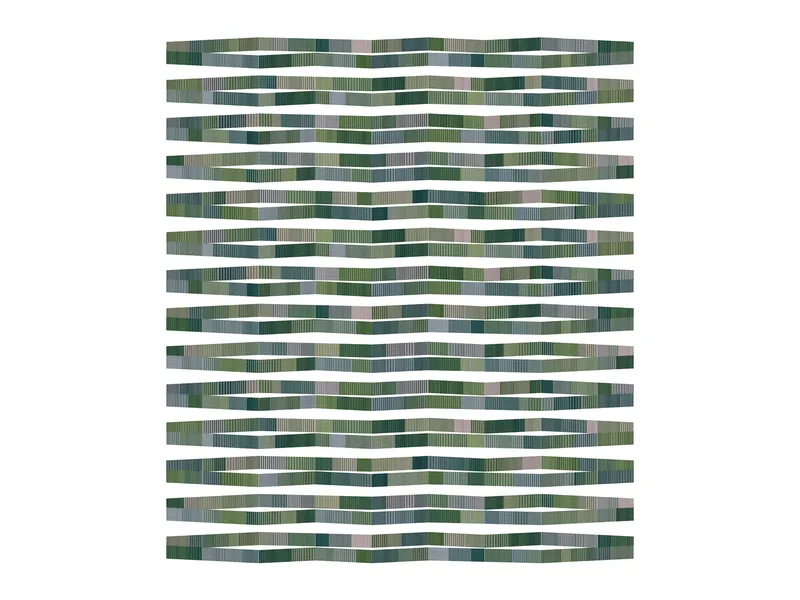 Facade color study showing wavy horizontal bands in greens, grays, and teal tones