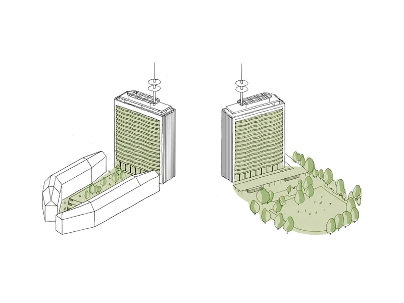 Axonometric drawing showing two tower volumes with green facades and surrounding landscape elements