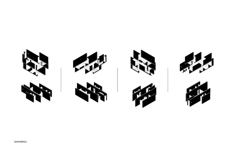 Isometric study drawings showing eight variations of interlocking black volumes in different spatial configurations