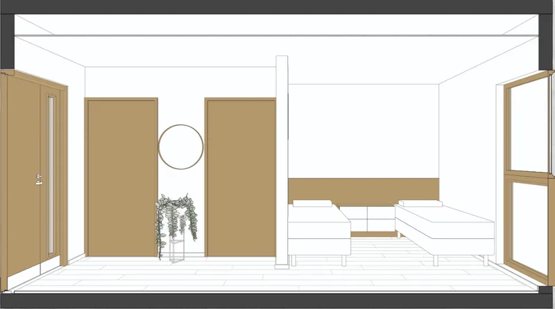 Shared sleeping space balances privacy, daylight, and efficient furniture placement within the compact residential module