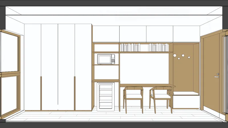 Full-height storage, shelving, seating, and a compact work area maximize functionality without overcrowding the room.