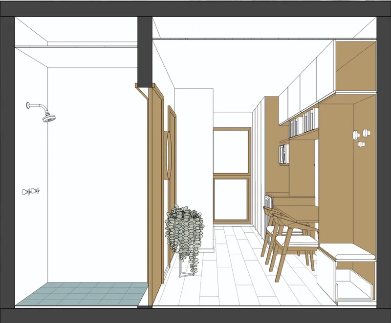 The interior combines an accessible shower, built-in storage, workspace, and natural light within a clear linear layout