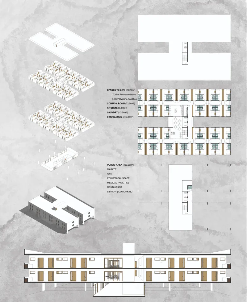 Exploded axonometric, floor plans, and section reveal h-age’s modular three-level senior living system