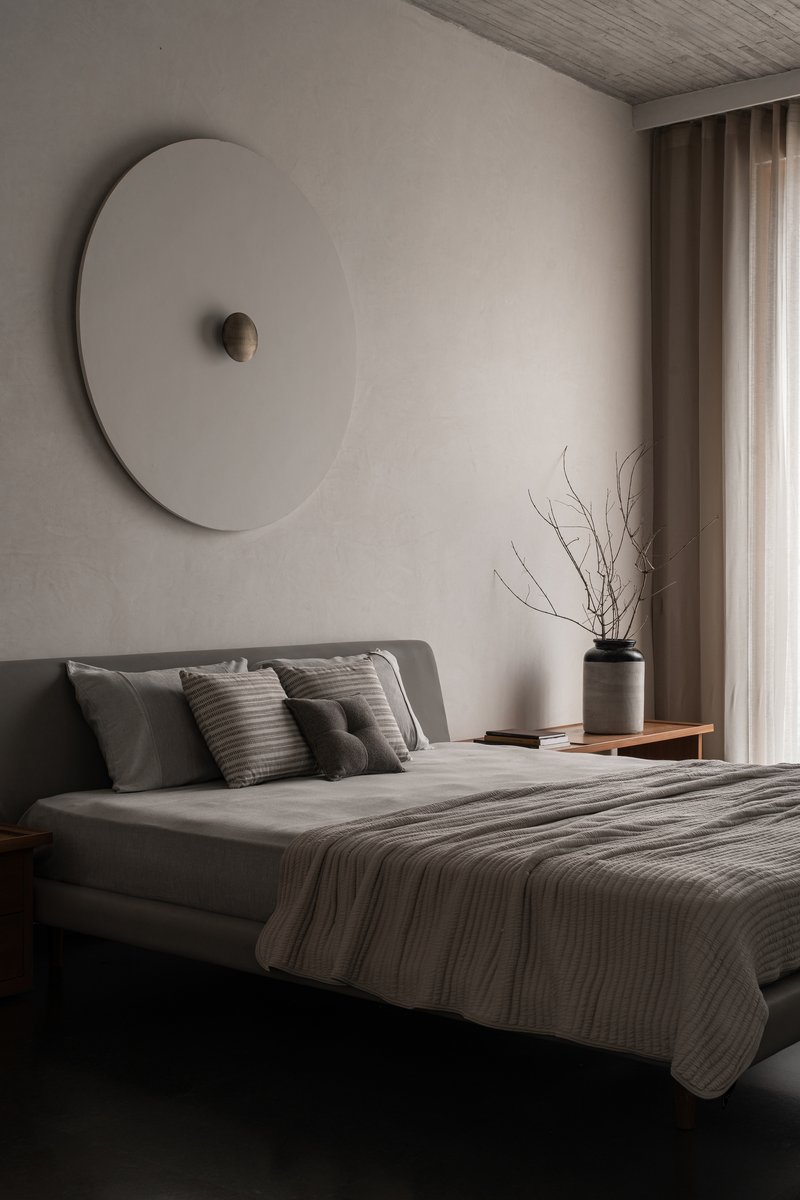 Bedroom wall with circular sculptural element above the bed and branch arrangement on timber shelf