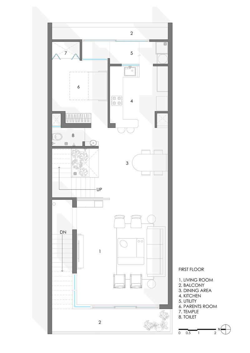 First floor plan drawing showing living room, kitchen, dining area, balcony and parents room