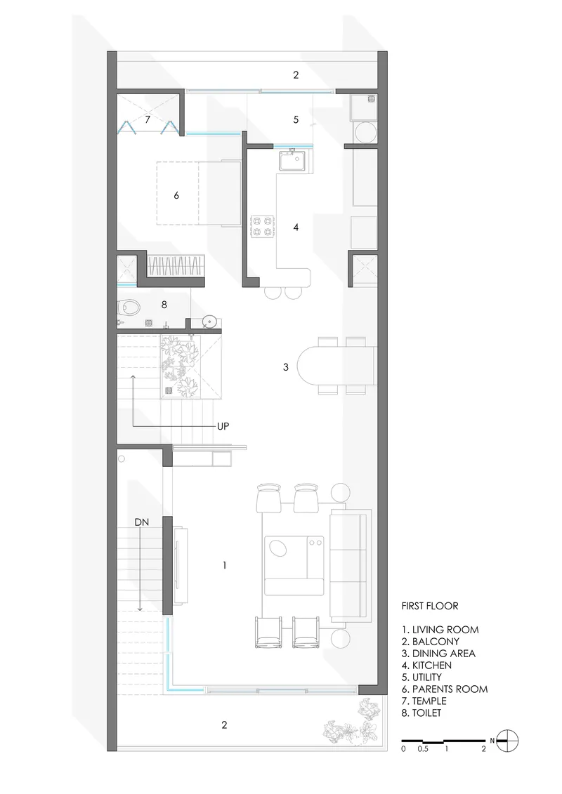 First floor plan drawing showing living room, kitchen, dining area, balcony and parents room
