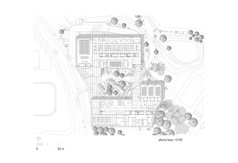 Ground floor plan drawing showing angular building volumes with landscaped areas and tree plantings