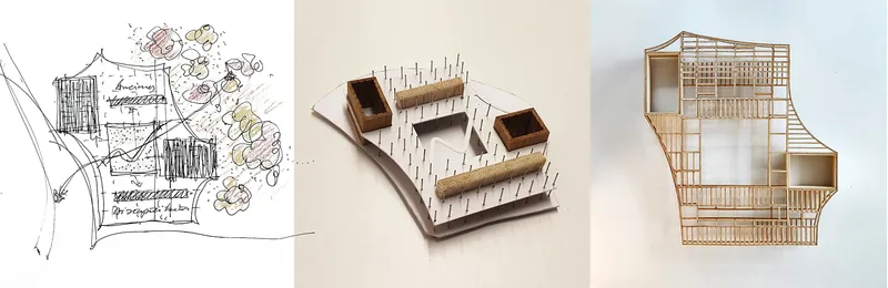 Site plan drawing showing building clusters along a curved road with surrounding vegetation