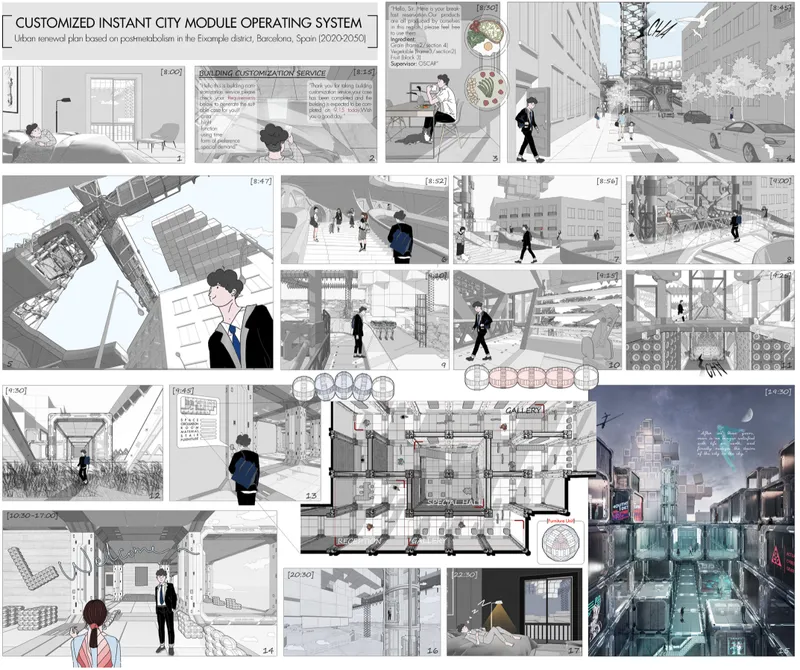 A storyboard visualizes daily life inside the responsive city, from customized living spaces to elevated public environments.